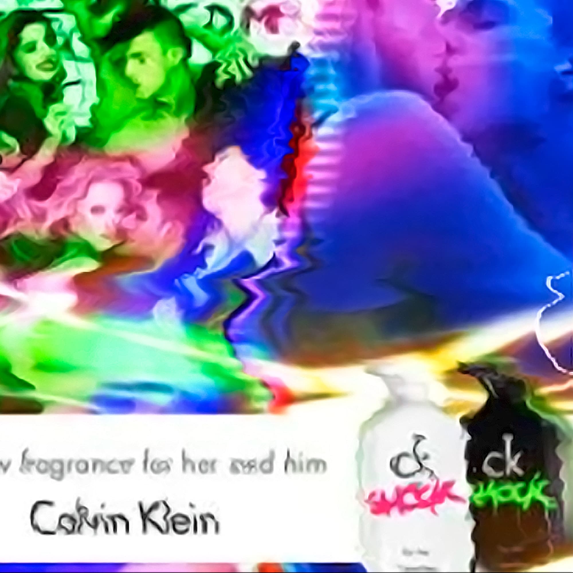 Digital/analogue interference montage of young adults dancing and kissing in vivid color